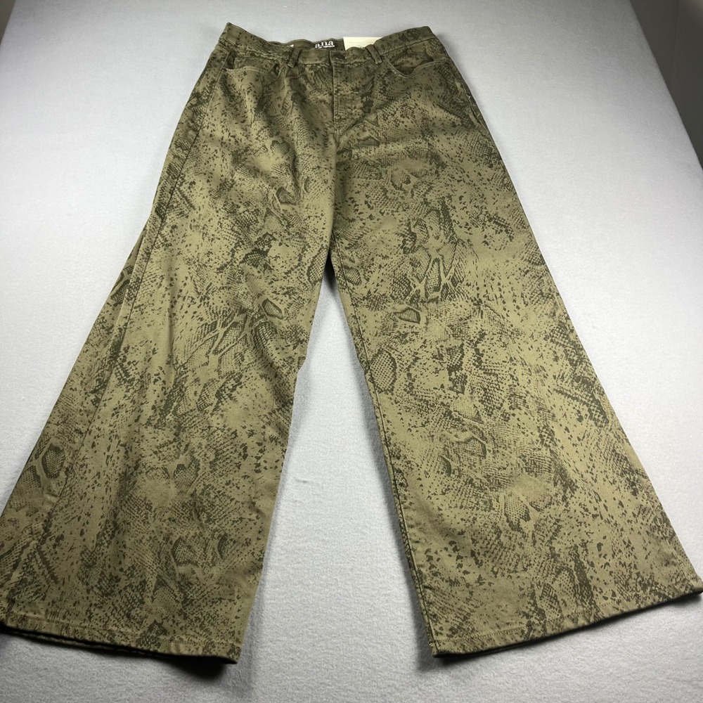 ana A New Approach Women 12 High Rise Wide Leg Pants Olive Green Snake Python